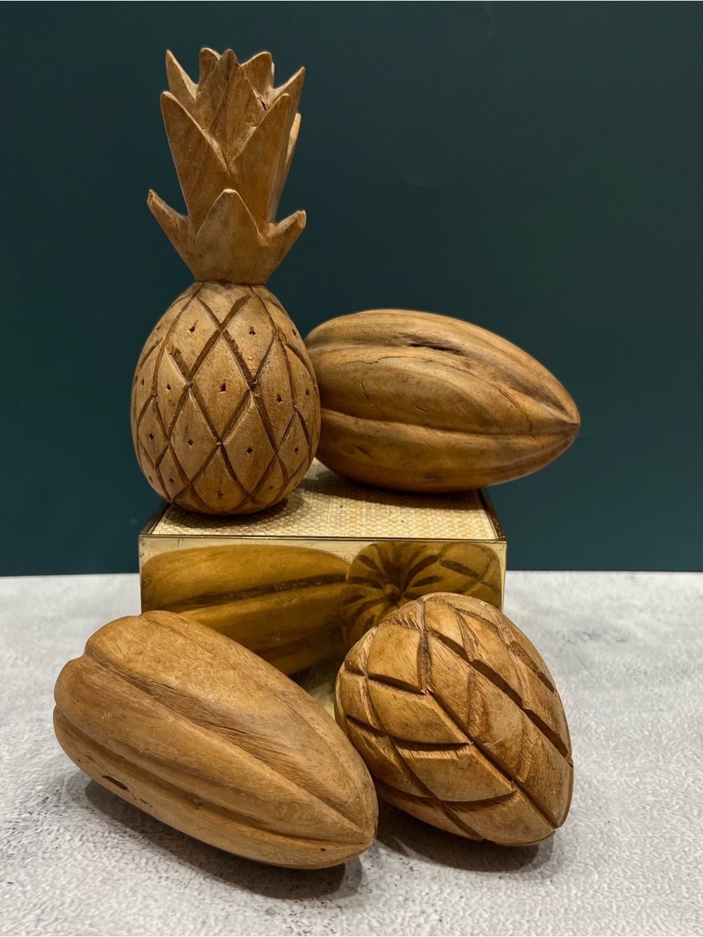 Vintage Mid Century Modern Hand Carved Wooden Tropical Fruit Sculptures Set 4